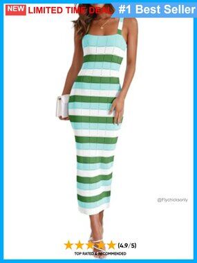 Striped Bodycon Midi Dress Sleeveless Square Neck Knit Tank Summer Casual